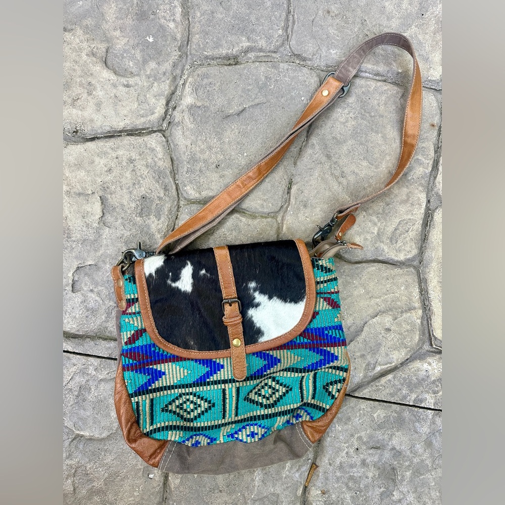 Myra Bag Crossbody with Brown Leather and Blue Geometric Design